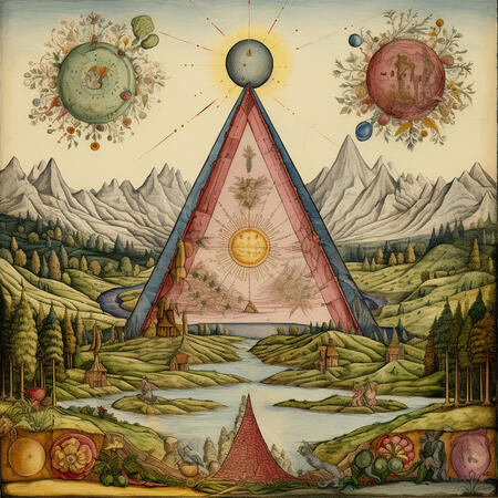 Alchemical landscape with planetary spheres and a triangular vessel Alchemical landscape with planetary spheres and a triangular vessel