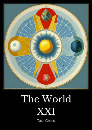 The World tarot card with a Sun, Moon and Earth design The World tarot card with a Sun, Moon and Earth design