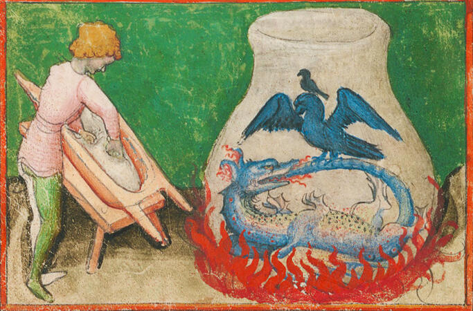 Medieval alchemical illustration of a vessel, dragon and birds Medieval alchemical illustration of a vessel, dragon and birds