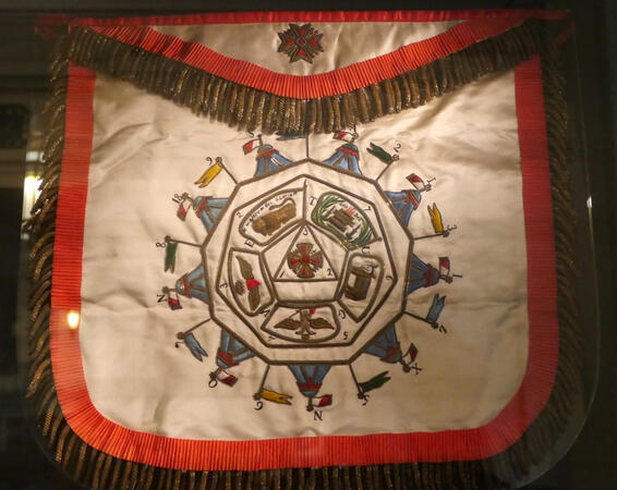 Embroidered ceremonial tracing board with symbolic figures and banners Embroidered ceremonial tracing board with symbolic figures and banners